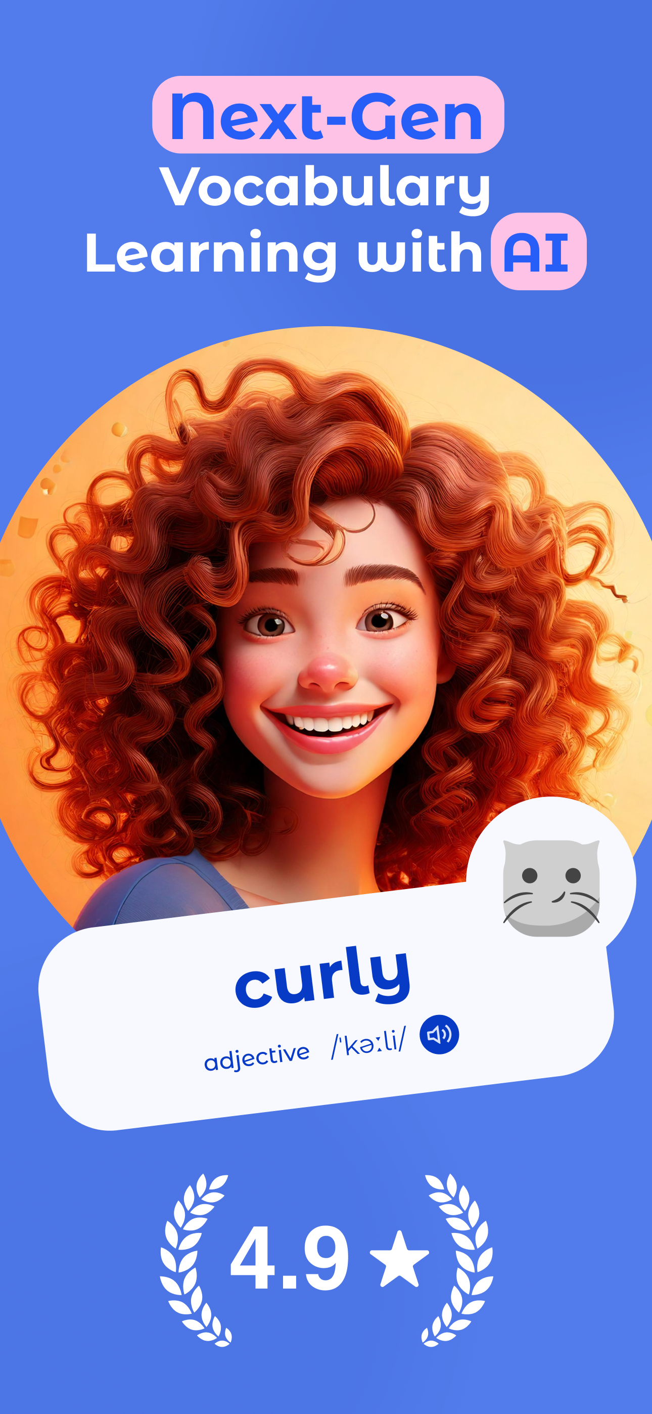 Simba English Vocabulary Builder app showing interactive flashcards with word definitions, examples, and progress tracking